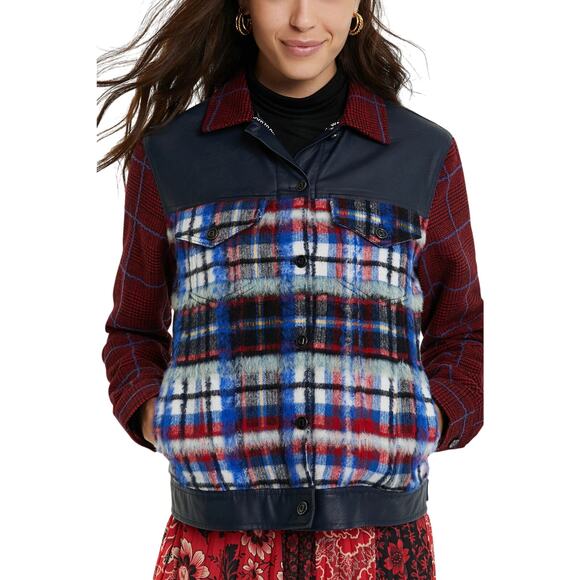 Desigual Women's Jacket Size Small Red Ingrid Trucker Jacket Tartan Plaid - Picture 1 of 9